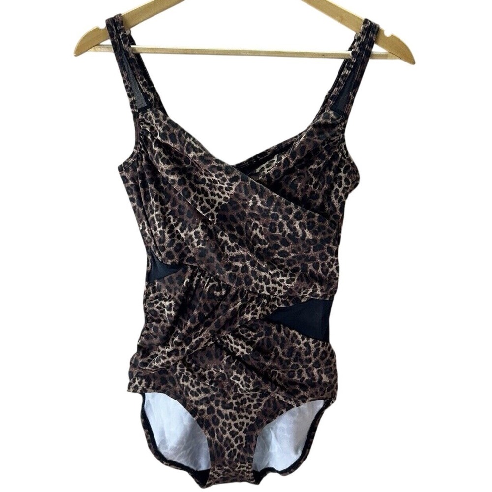 Ruby Ribbon One-Piece Palm Beach Swimsuit 6 Brown Black Leopard Ruched Mesh